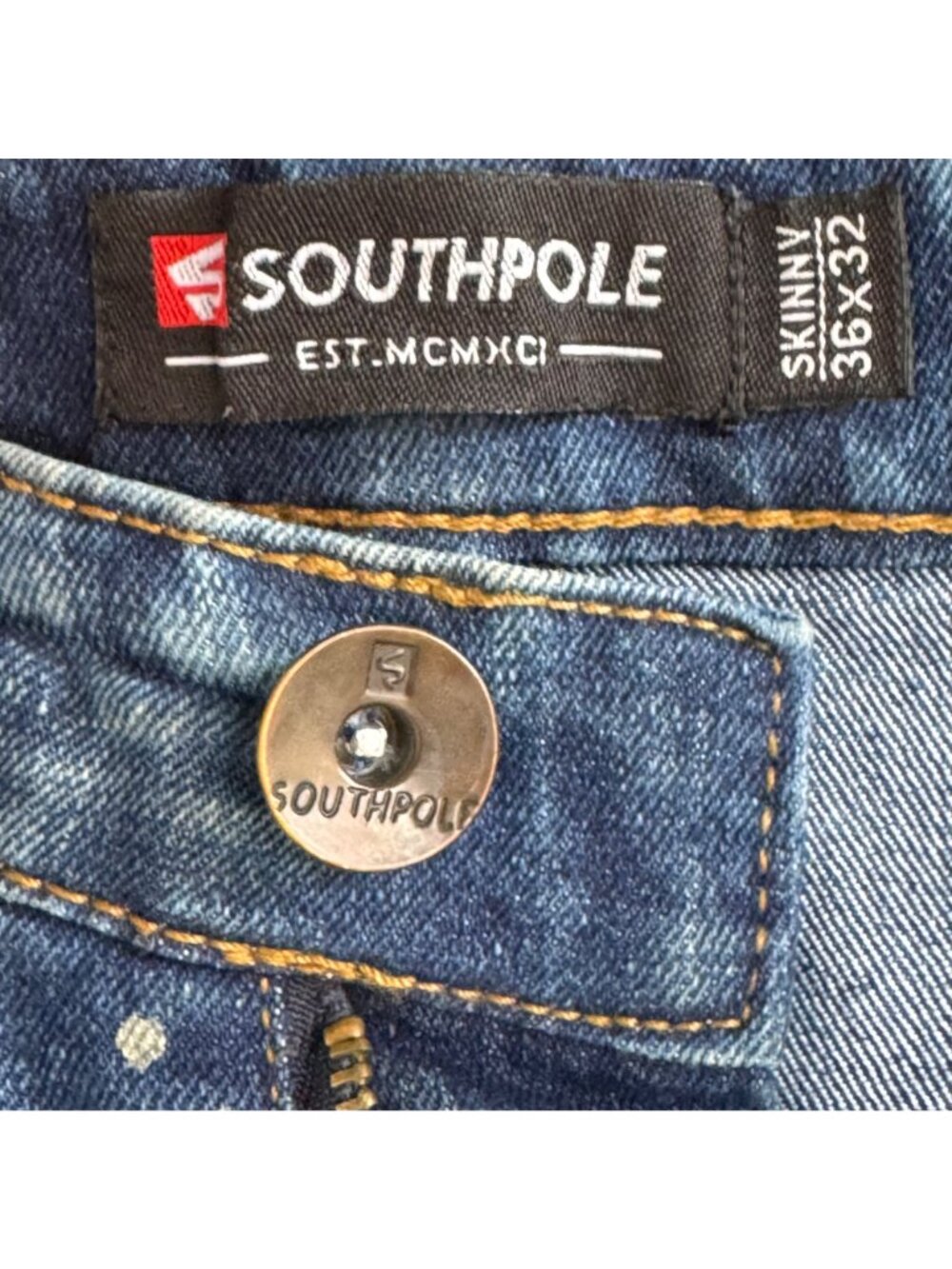 Southpole Mens Skinny Fit Blue Splatter Patchwork Jeans 36x32 Hip Hop Streetwear - Picture 4 of 13